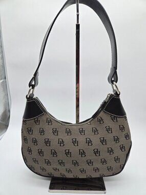 Dooney & Bourke Black Gray Signature Canvas and Leather Crescent Handbag